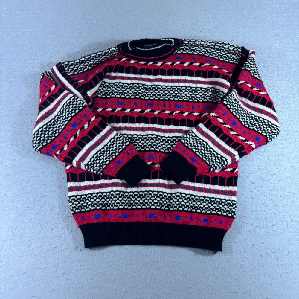 Vintage Lightning Bolt Sweater Mens Large Red Black Geometric Knit Crewneck 90s